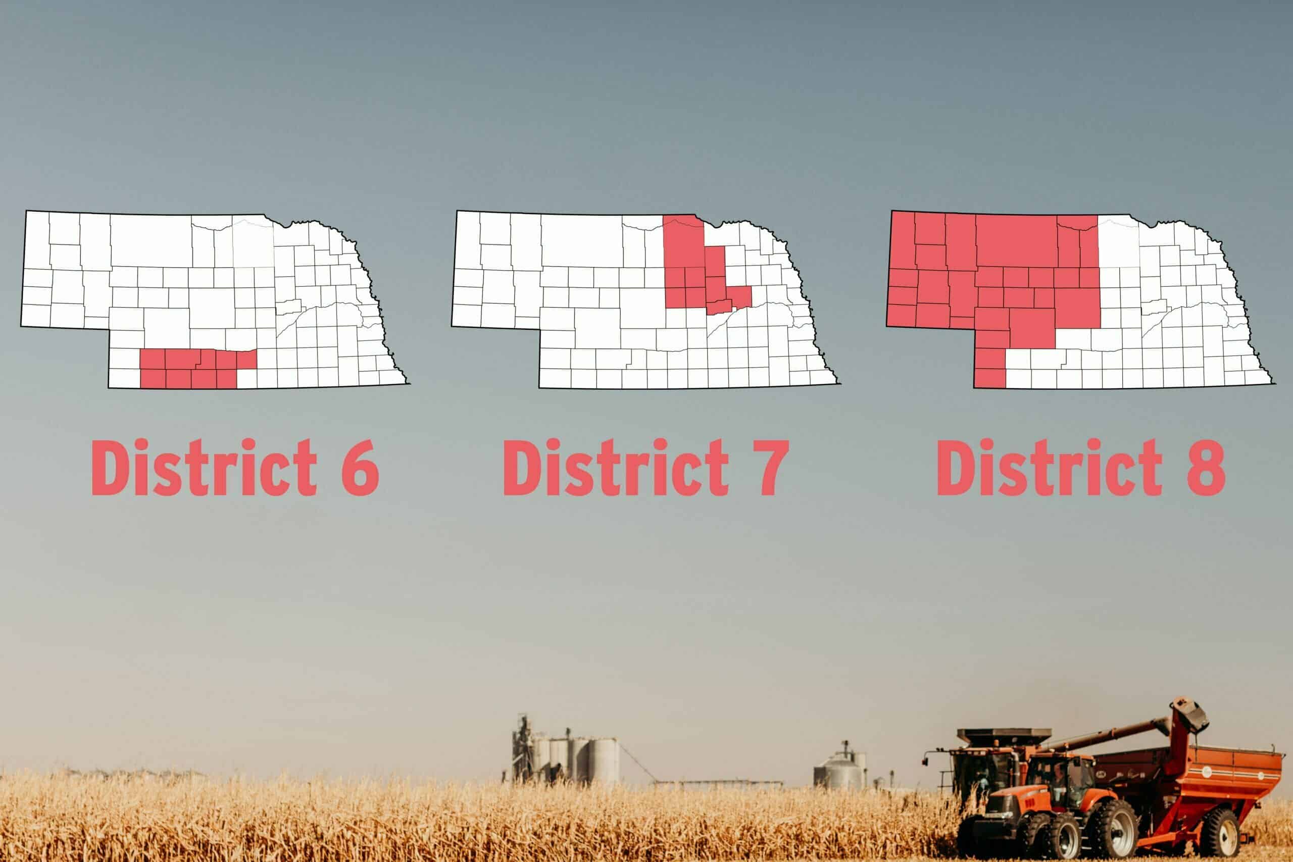 Three Nebraska maps highlighting the different vacant districts of the Nebraska Corn Board.