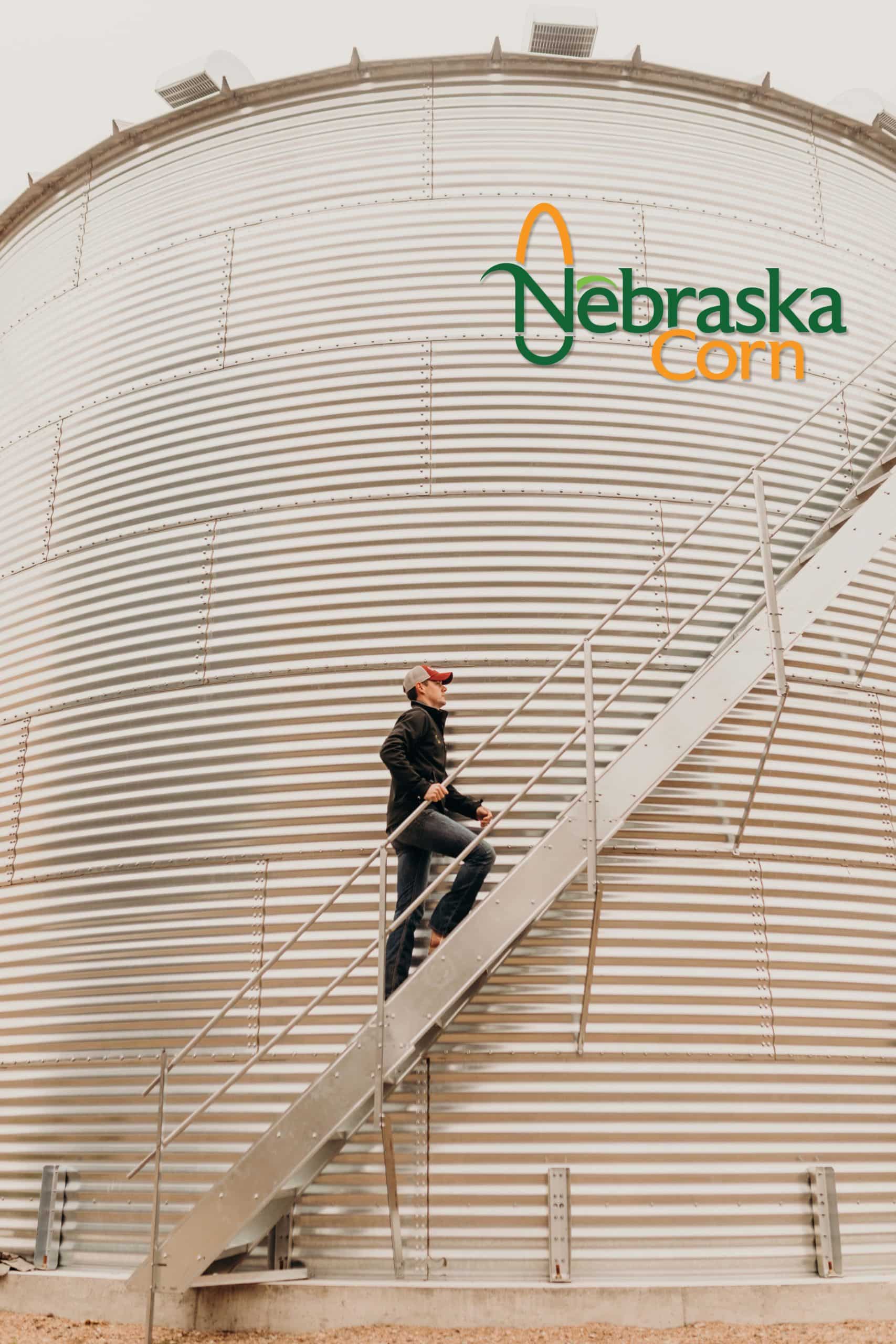 Farmer climbs stairs of grain bin.