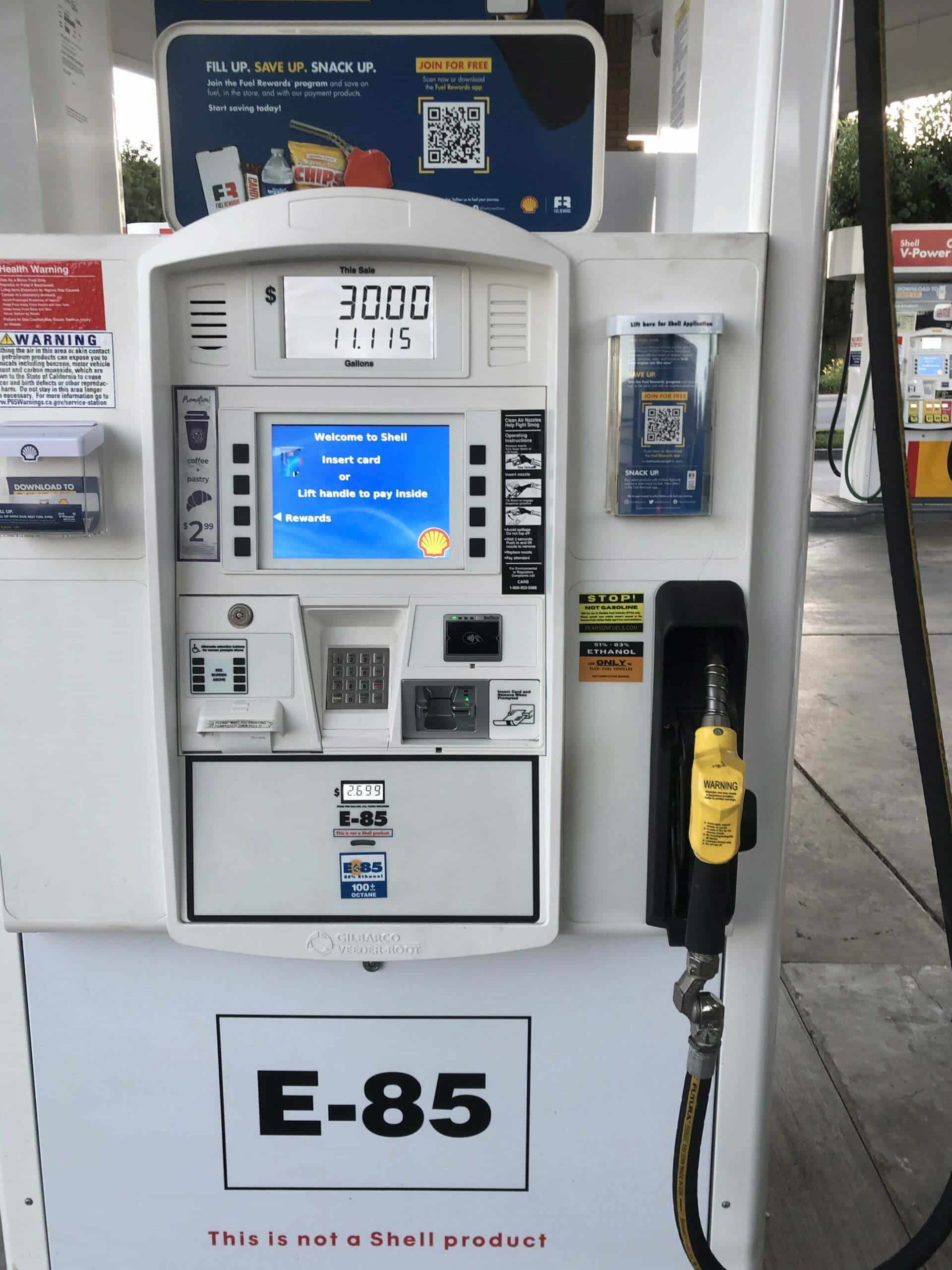 A gas pump offering E85 in California