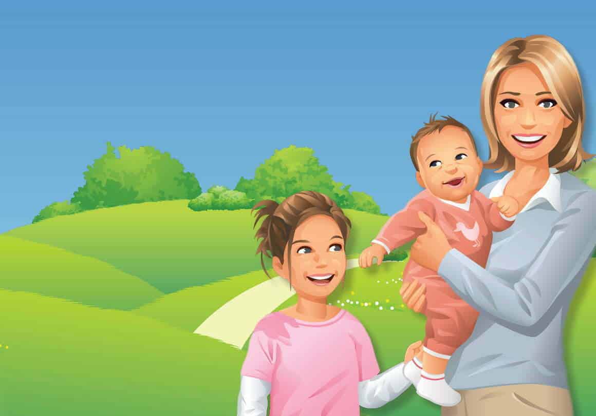 An animated mom, child and baby with a grassy area behind them.